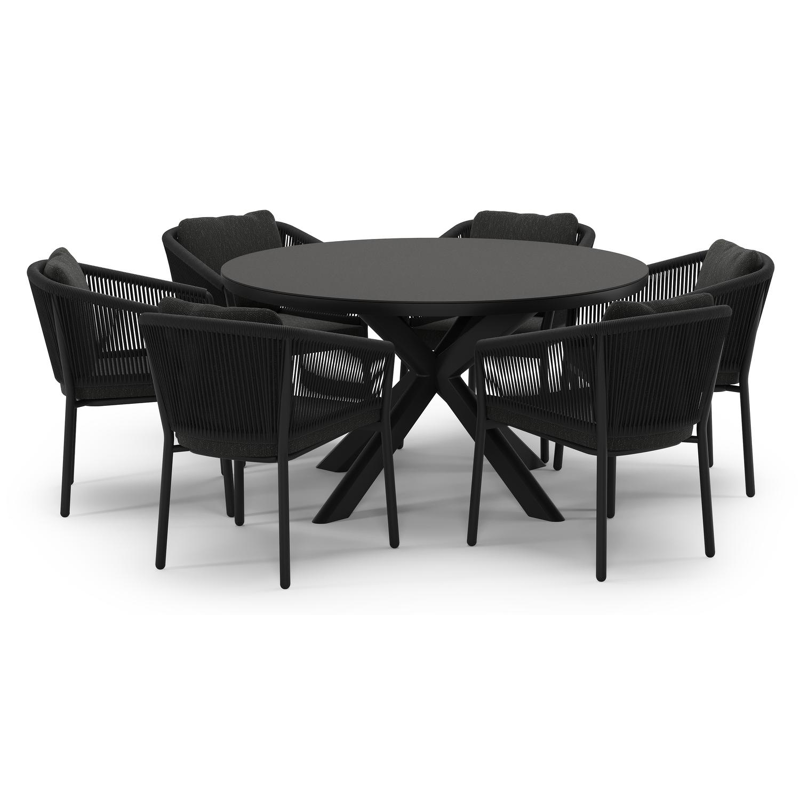 Pamplona tuinset in zwart aluminium en notte minerale sintered stone met 6 Gerona tuinstoelen