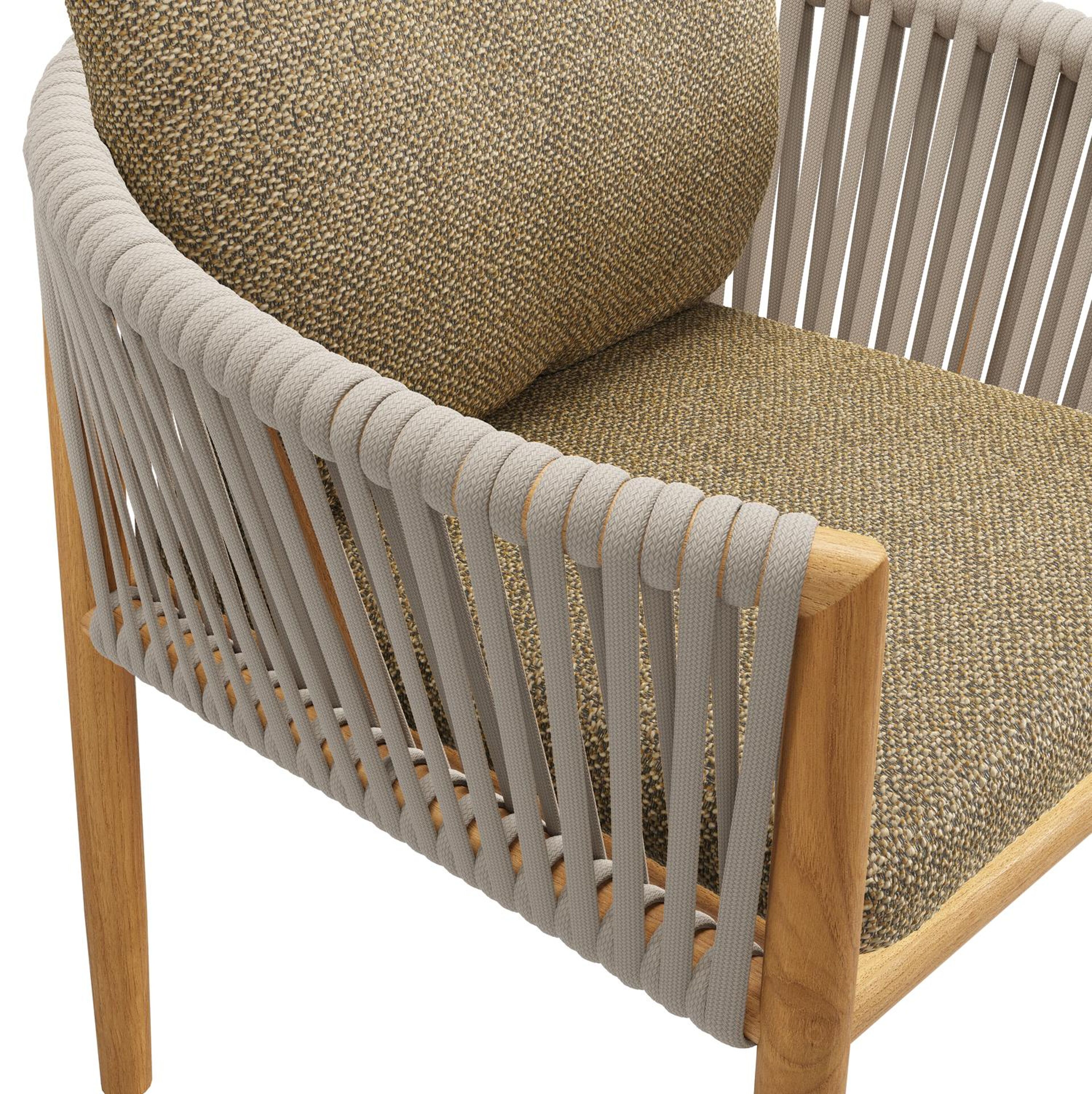 Organo tuinstoel in teak en beige verticaal geweven luxe vlakke rope met zitkussen in All Weather Cosytica Madagascar Walnut