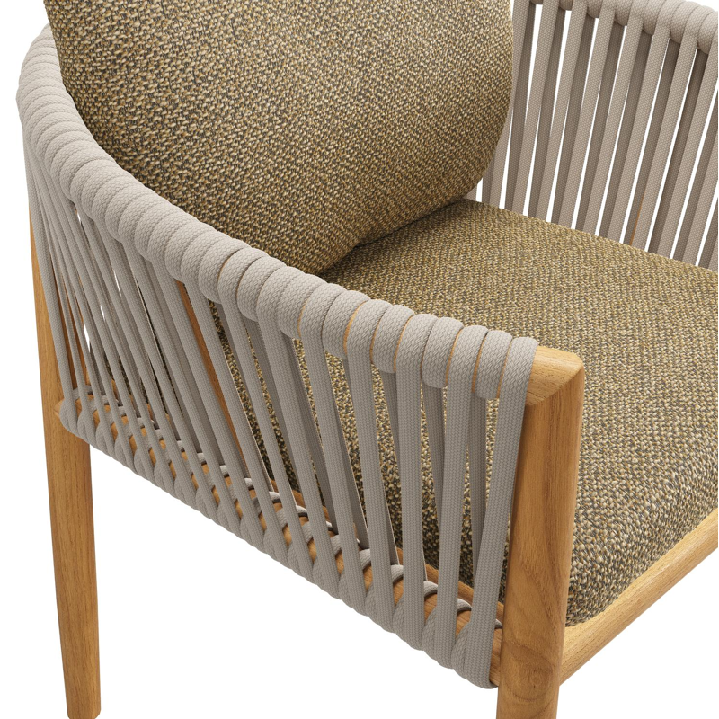 Organo tuinstoel in teak en beige verticaal geweven luxe vlakke rope met zitkussen in All Weather Cosytica Madagascar Walnut