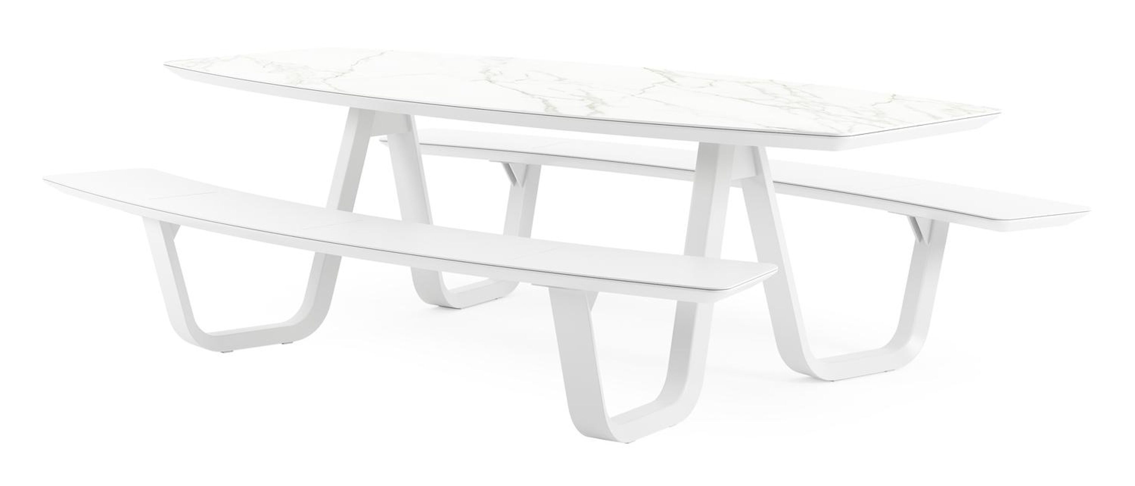 Table de pique-nique Forno forme de bateau en aluminium blanc et céramique pleine New York - Lg. 240 x Lrg. 181 x Haut. 72 cm