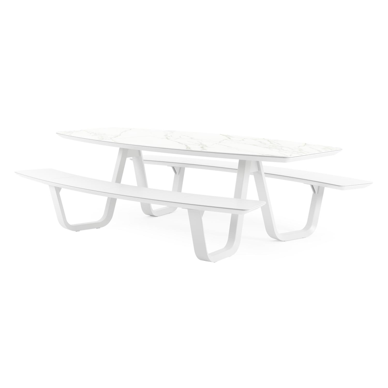 Forno picknicktafel bootvorm in wit aluminium en volkeramiek calacatta tafelblad - L 240 x B 181 x H 72 cm