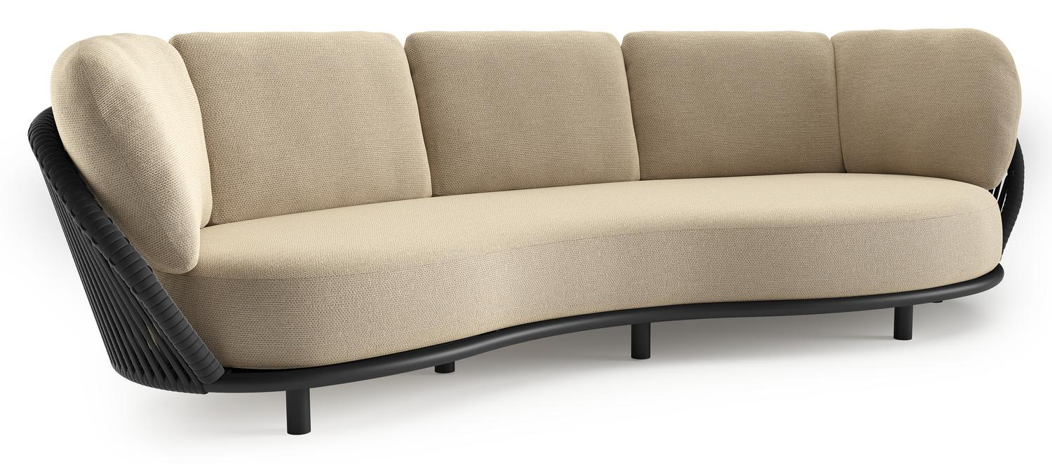 Lupino loungebank in zwart aluminium en zwart verticaal geweven luxe vlakke brede rope met althea camel all weather cosytica kussen