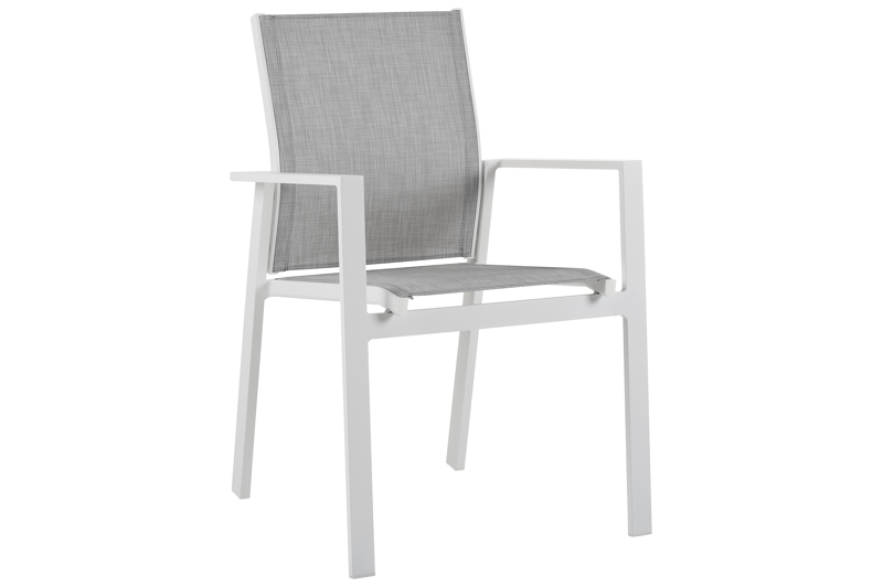 Alora tuinset afgerond rechthoekig in wit aluminium en sintered stone grijs met 6 Bahia tuinstoelen