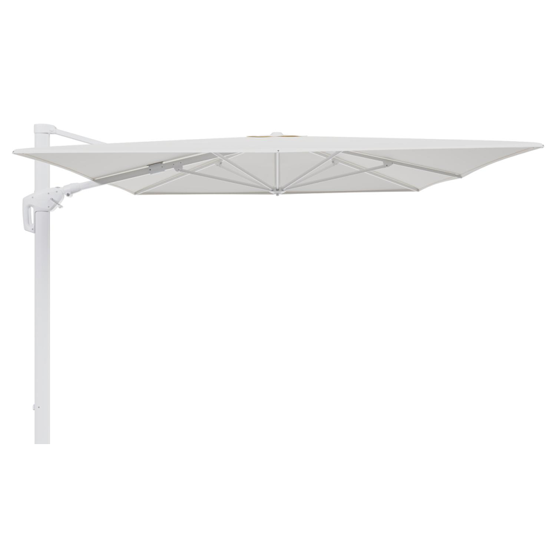 Minore zweefparasol tiltfunctie in wit aluminium en parasoldoek in All Weather Sunbrella® Luxe Natte White - L1 400 x L2 300 cm (zonder voet)