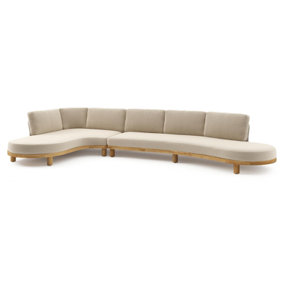 Donato loungehoek in teak en beige verticaal geweven ronde rope met all weather cosytica Althea Chalk kussen