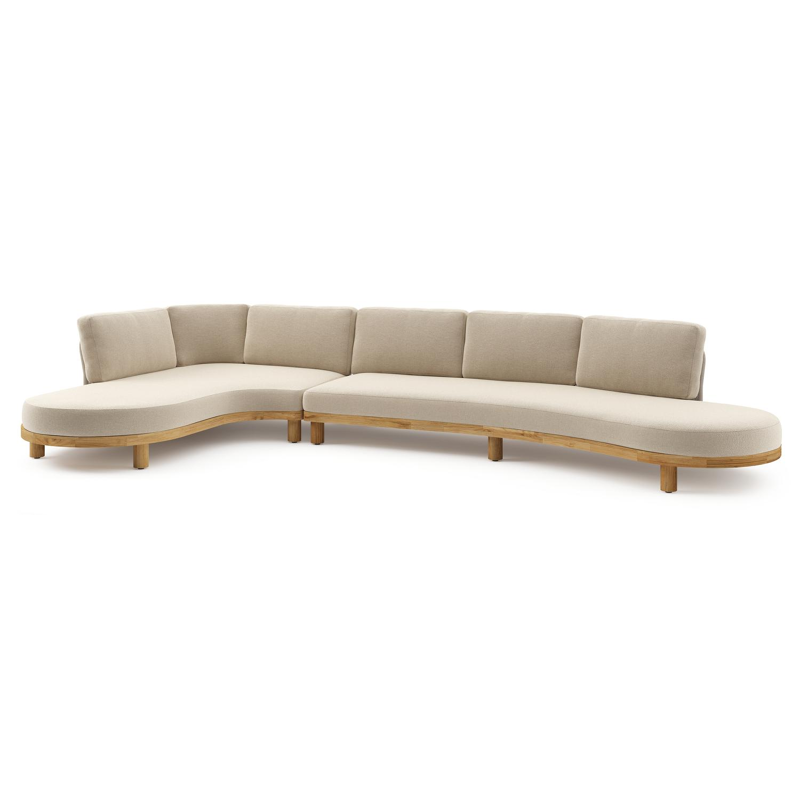 Donato loungehoek in teak en beige verticaal geweven ronde rope met all weather cosytica Althea Chalk kussen