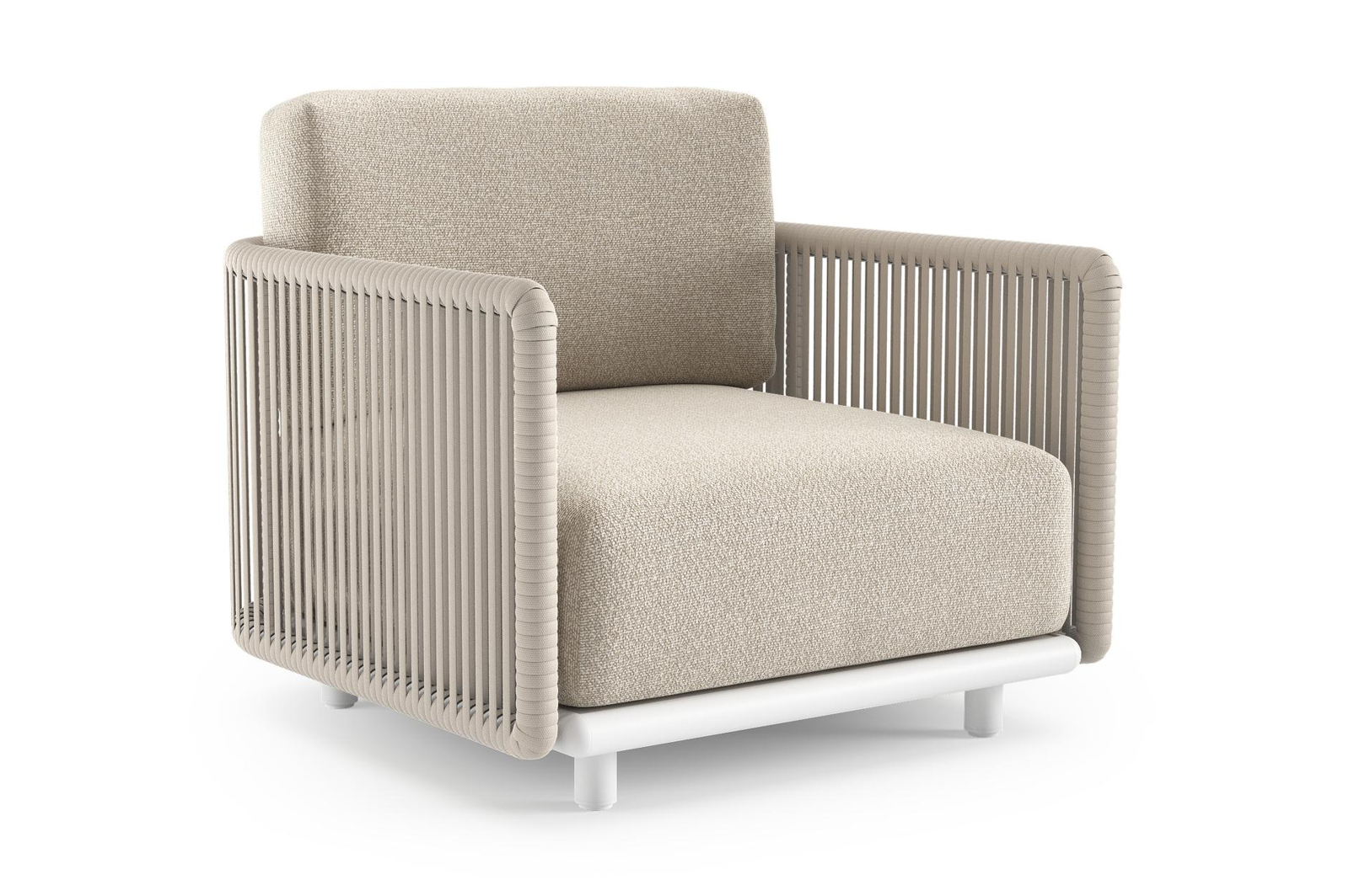 Organo loungestoel in wit aluminium en beige verticaal geweven luxe vlakke rope met marbella ecru all weather Cosytica kussen