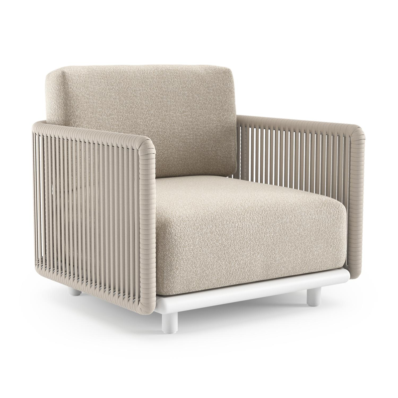 Organo loungestoel in wit aluminium en beige verticaal geweven luxe vlakke rope met marbella ecru all weather Cosytica kussen