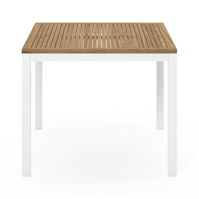 Ensemble de jardin Feltro en aluminium blanc avec plateau de table en teck naturel et 4 chaises de jardin empilables Bareto