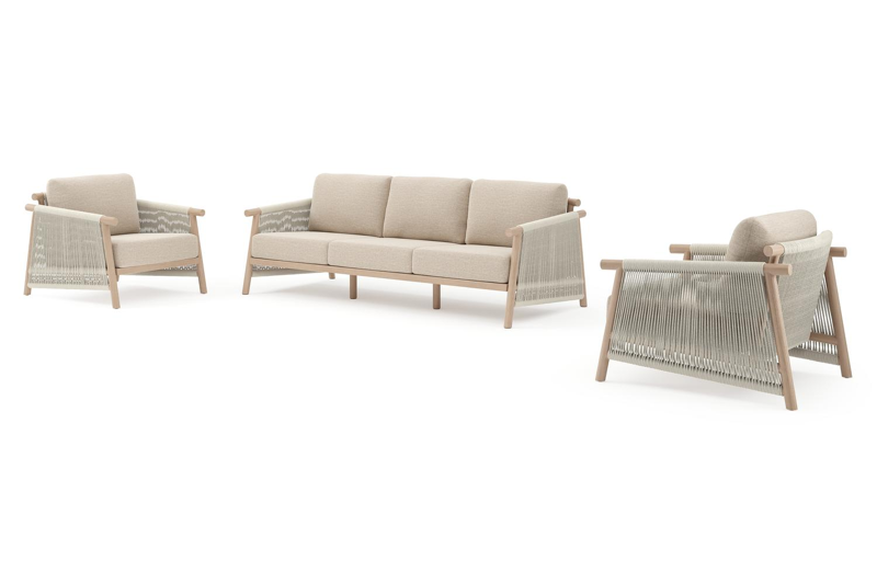 Erla loungeset in houtlook verticaal geweven ronde rope en beige verticaal geweven ronde rope met rustic weather+ softtouch kussen