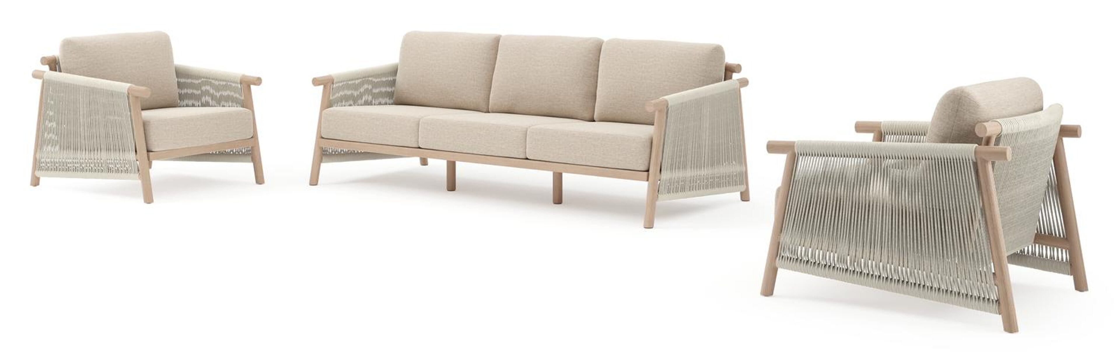 Salon de jardin Erla en aspect de bois naturel et corde ronde tissée verticalement beige et coussins en weather+ softtouch rustic