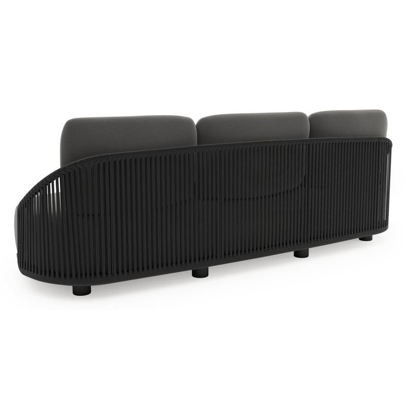 Salon de jardin Vadelo en aluminium noir et corde ronde tissée verticalement noir et coussins en all weather sunbrella® luxe natte charcoal chine