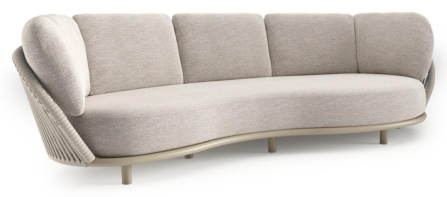 Lupino loungebank in beige aluminium en beige verticaal geweven luxe vlakke brede rope met tundra sand all weather sunbrella® luxe kussen