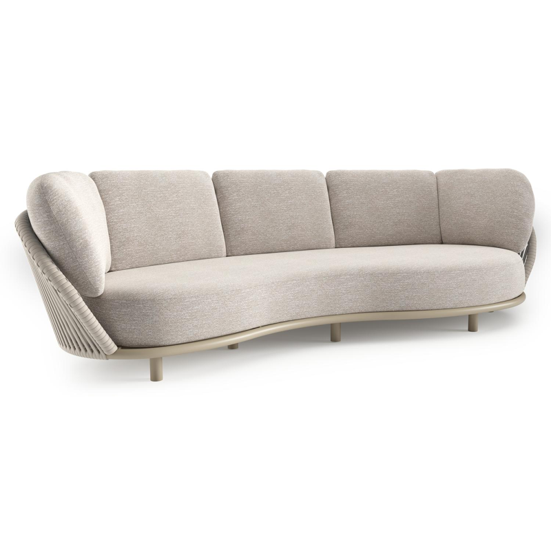 Canapé de jardin Lupino en aluminium beige et corde large plate de luxe tissée verticalement beige et coussins en all weather sunbrella® luxe tundra sand