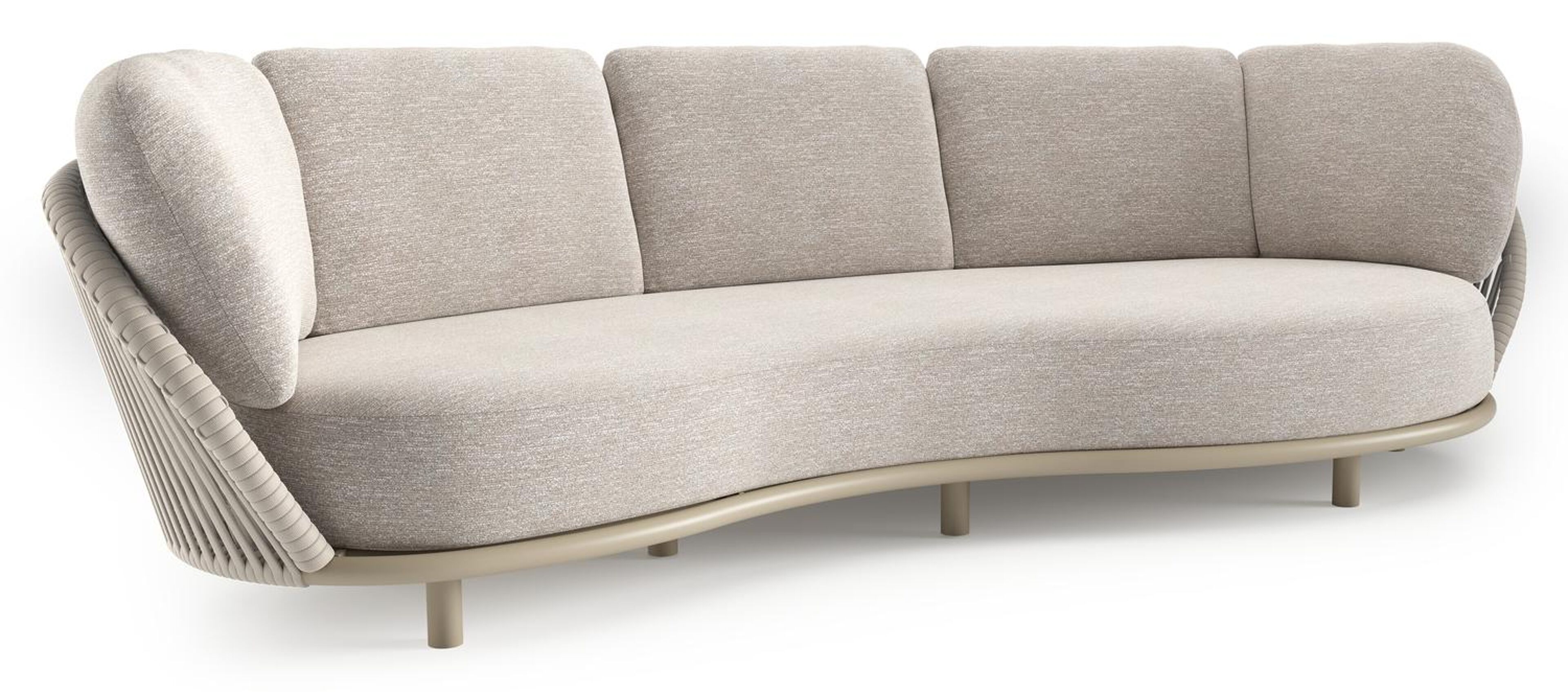 Canapé de jardin Lupino en aluminium beige et corde large plate de luxe tissée verticalement beige et coussins en all weather sunbrella® luxe tundra sand