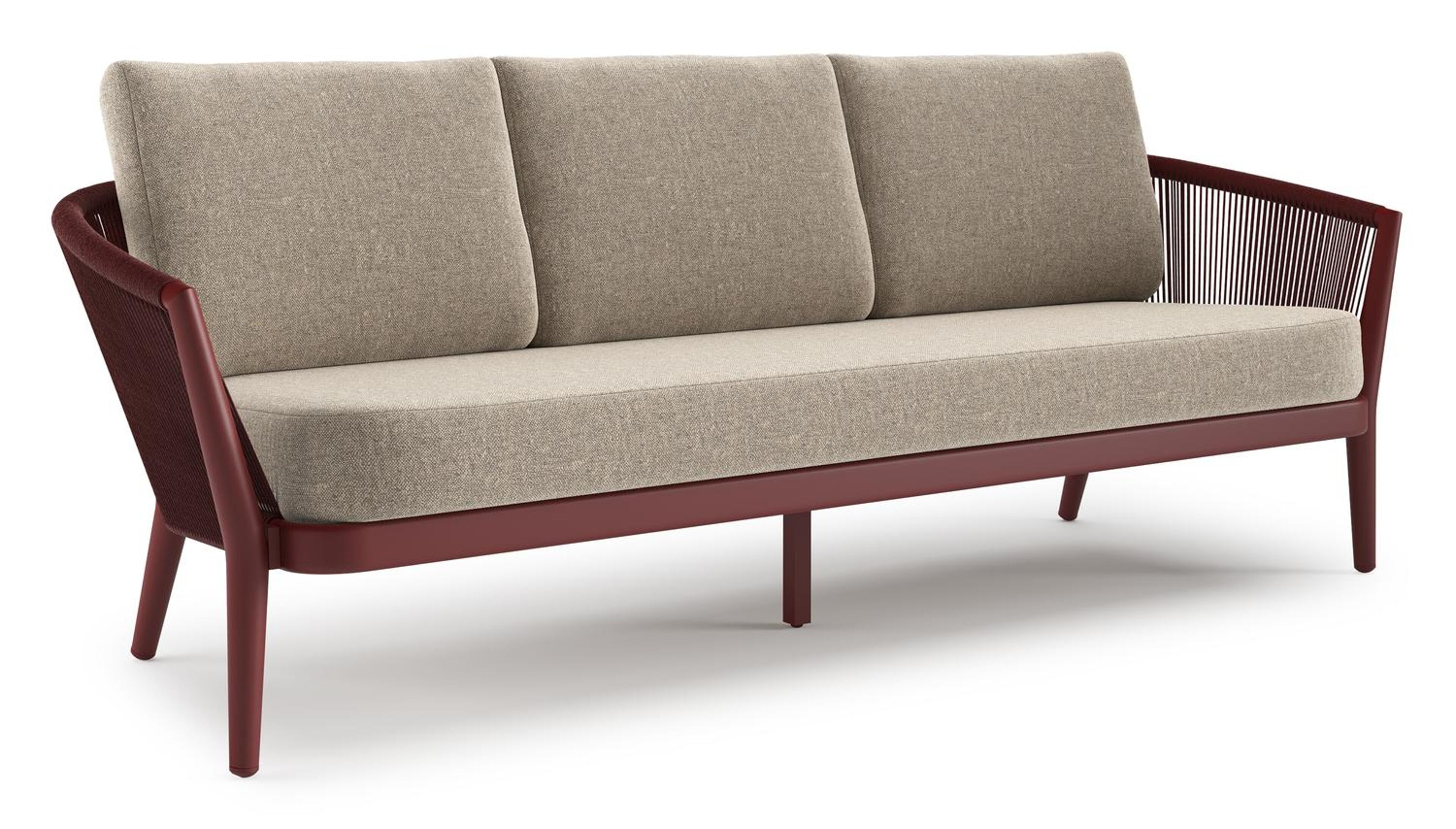 Orso loungebank in ruby aluminium en ruby verticaal geweven ronde rope met Chartres Pewter all weather sunbrella® luxe kussen