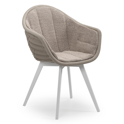 Chaise de jardin Pagino en aluminium blanc et corde ronde tissée verticalement beige avec coussin en All Weather Sunbrella® Luxe Wander Manioc