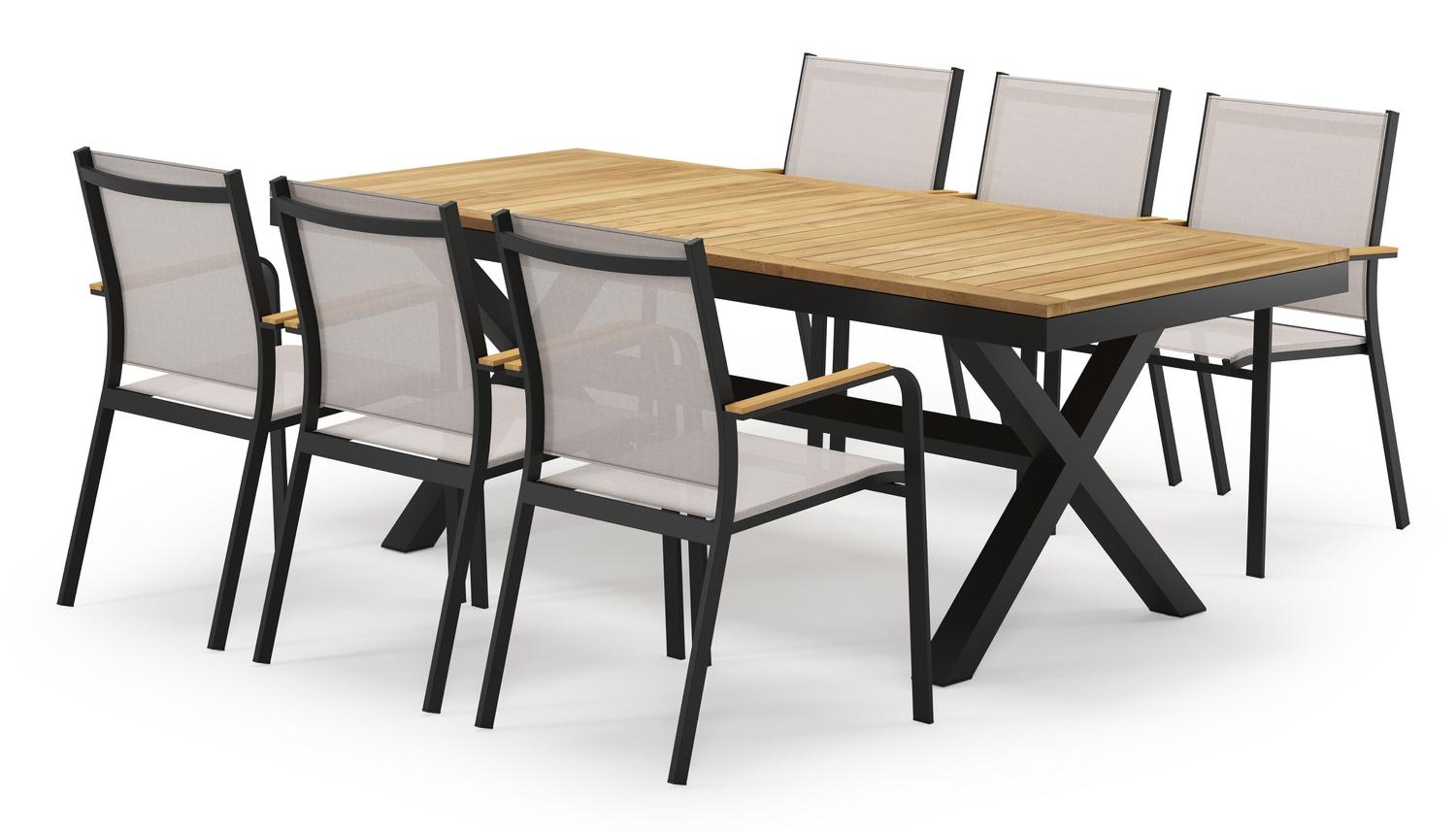 Reza rechthoekige tuinset in zwart aluminium en teak natural finish met 6 Amalfi tuinstoelen