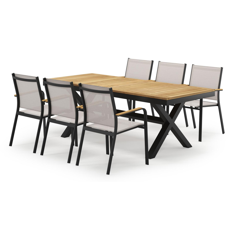 Reza rechthoekige tuinset in zwart aluminium en teak natural finish met 6 Amalfi tuinstoelen