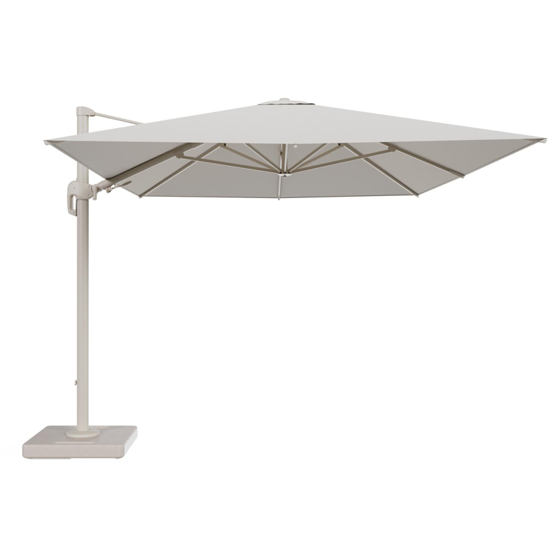 Rufina zweefparasol tiltfunctie in beige aluminium en parasoldoek in All Weather Sunbrella® Luxe Lopi Marble - L1 400 x L2 300 cm met parasolvoet Lapido 160 kg