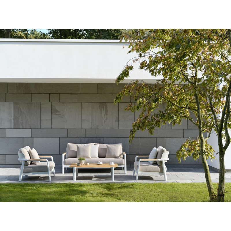 Set van 2 Salamanca loungestoelen 2 x 1-zit in wit aluminium en teak met desert weather+ softtouch kussen