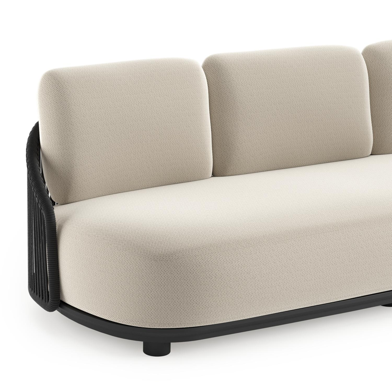 Vadelo loungebank in zwart aluminium en zwart verticaal geweven ronde rope met lopi marble all weather sunbrella® luxe kussen