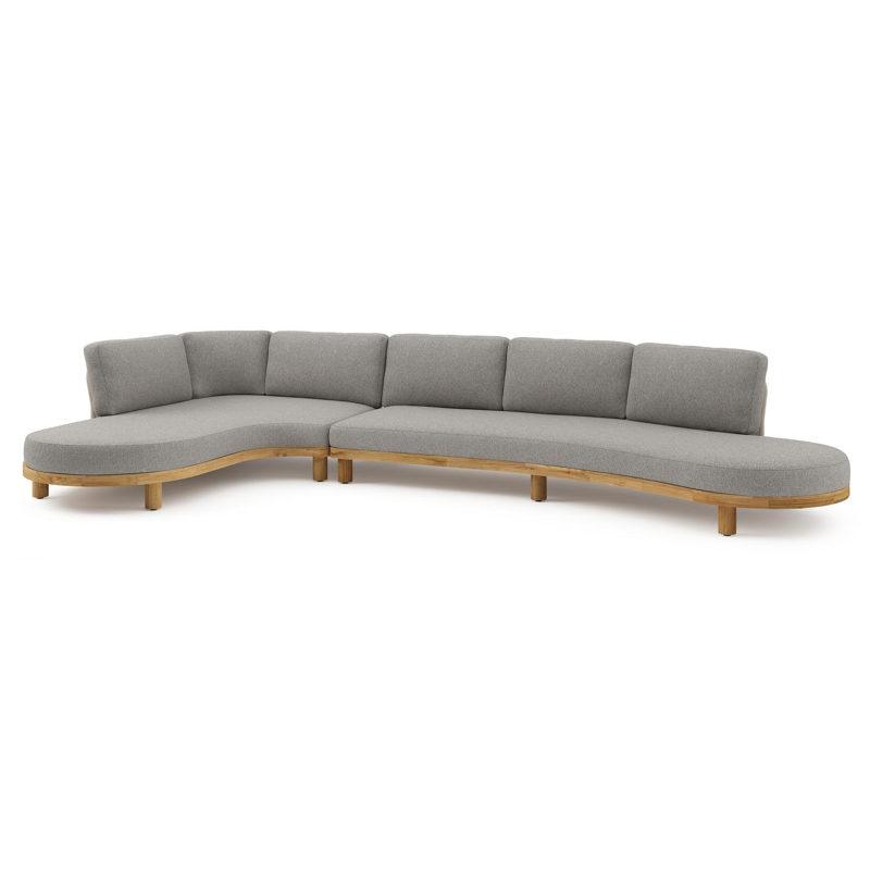 Donato loungehoek in teak en beige verticaal geweven ronde rope met all weather sunbrella® luxe Tundra Charcoal kussen
