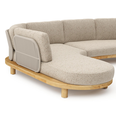 Donato loungehoek in teak en beige verticaal geweven ronde rope met all weather cosytica Bora Jungle kussen