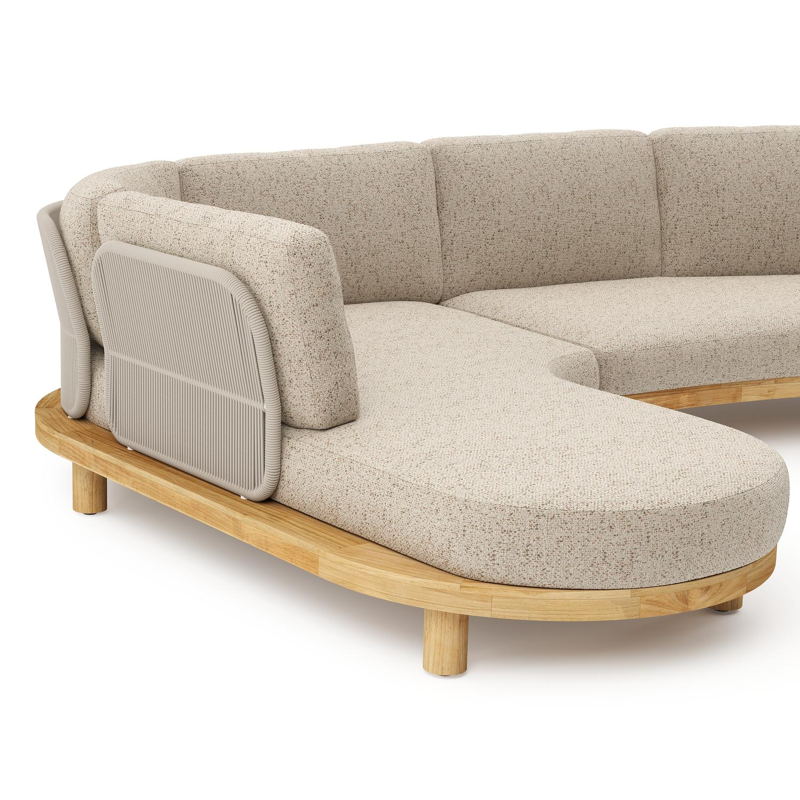 Salon de jardin d'angle Donato en teck et corde ronde tissée verticalement beige et coussins en all weather cosytica Bora Jungle