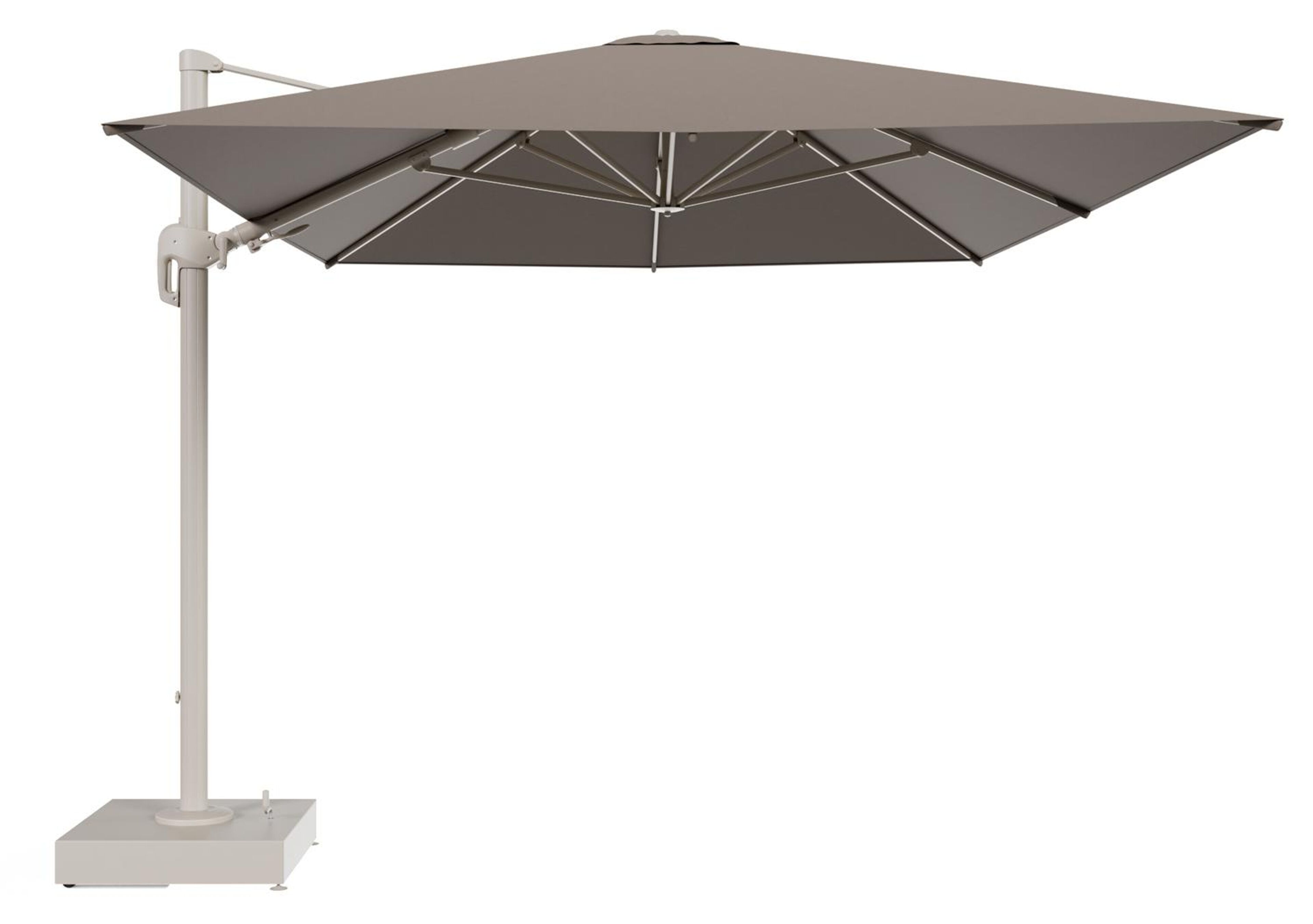 Rufina zweefparasol met tiltfunctie in beige aluminium en Natte Heather Grey All Weather Sunbrella® Luxe parasoldoek - L1 400 x L2 300 cm met parasolvoet Minore 150 kg met wielen