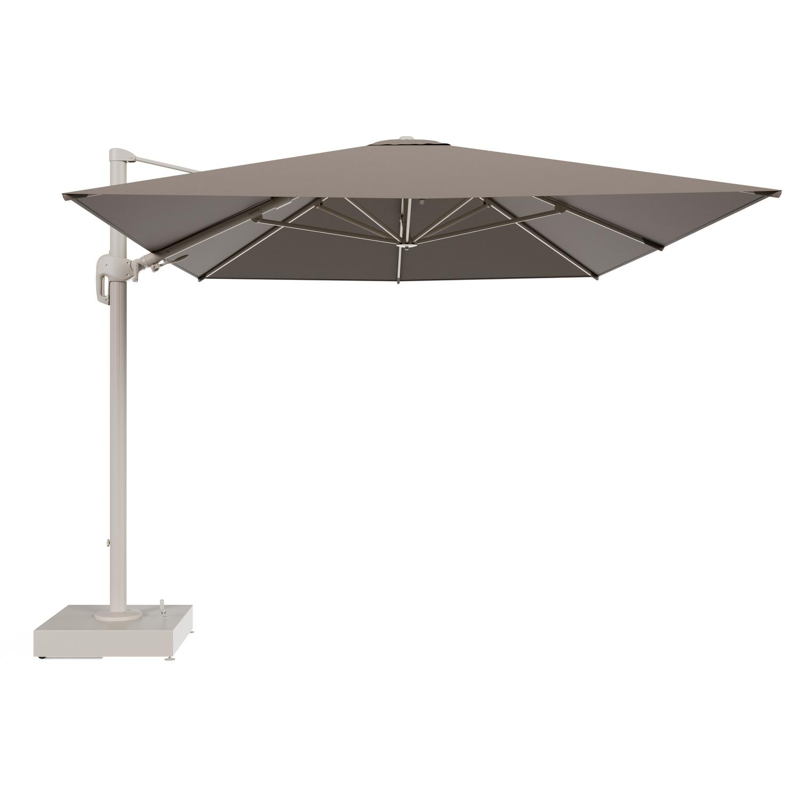 Rufina zweefparasol met tiltfunctie in beige aluminium en Natte Heather Grey All Weather Sunbrella® Luxe parasoldoek - L1 400 x L2 300 cm met parasolvoet Minore 150 kg met wielen