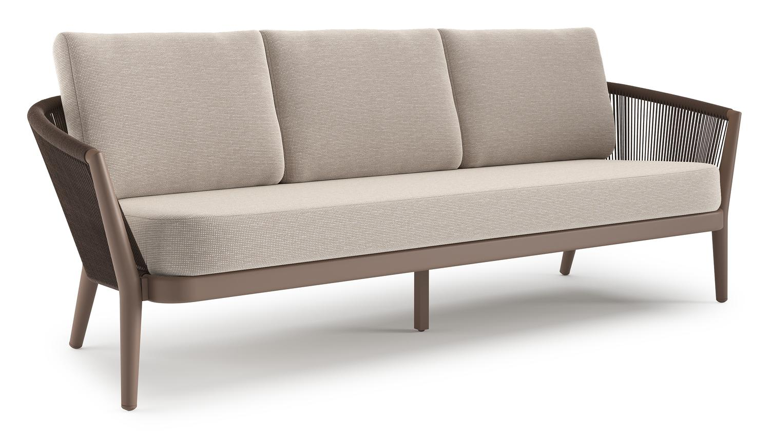 Orso loungebank in taupe aluminiumen zwart verticaal geweven ronde rope met Slow Farafra all weather sunbrella® luxe kussen