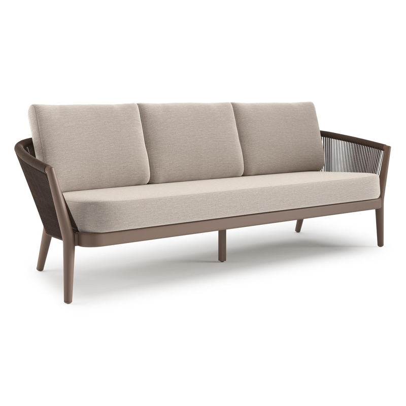 Canapé de jardin Orso en aluminium taupe en corde ronde tissée verticalement noir et coussins en all weather sunbrella® luxe Slow Farafra