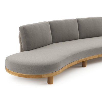 Canapé de jardin Donato en teck et corde ronde tissée verticalement beige et coussins en all weather sunbrella® luxe Lopi Silver