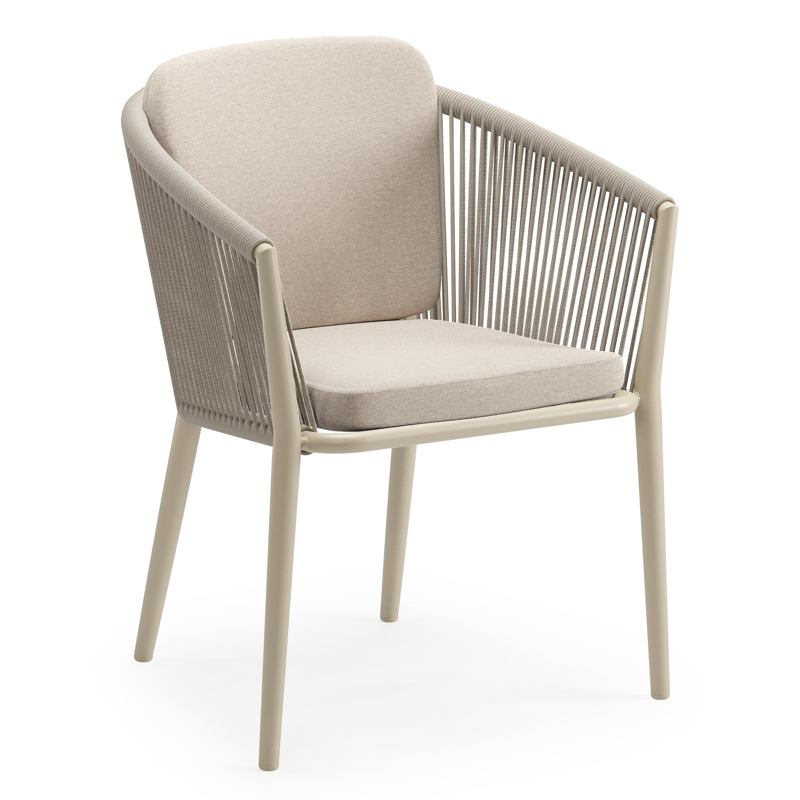 Orso tuinstoel in beige aluminium en beige verticaal geweven ronde rope met zitkussen in All Weather Sunbrella® Luxe Heritage Ash