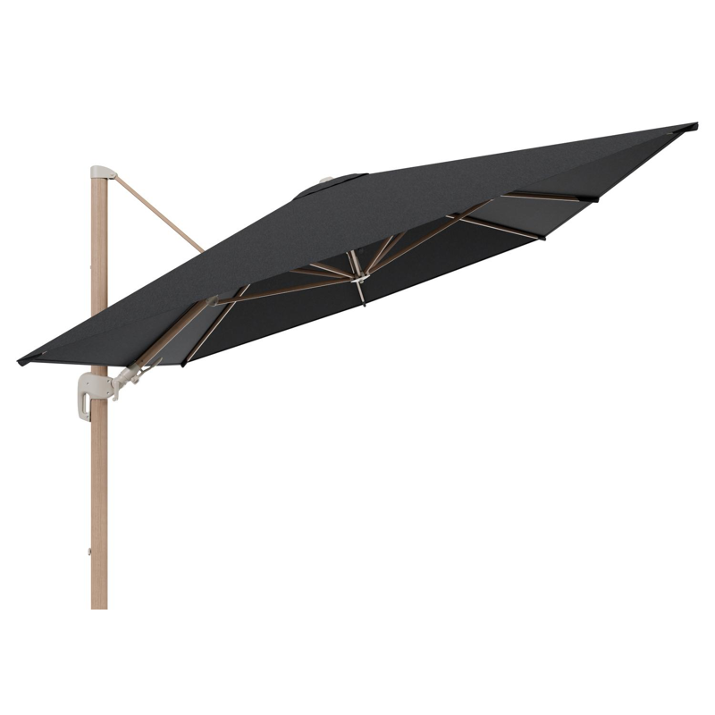 Parasol pendant Rufina avec fonction tilt en aluminium aspect de bois et toile de parasol en All Weather Sunbrella® Luxe Chartres Sooty  - Lg.1 400 x Lg.2 300 cm (sans pied de parasol