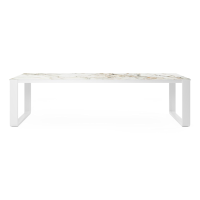 Table de jardin Atessa en aluminium blanc et céramique pleine calacatta luxe - Lg 280 x Larg. 110 x H 74,5 cm