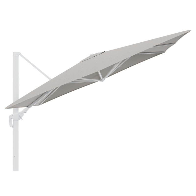 Parasol pendant Minore avec fonction tilt en aluminium blanc et toile de parasol en All Weather Sunbrella® Luxe Firenze Sand  - Lg.1: 280 x Lg.2: 370 cm (sans pied de parasol
