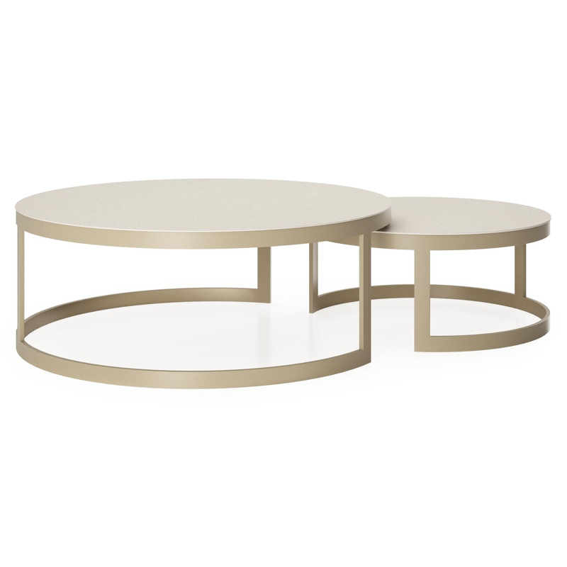 Enna set van 2 loungetafels rond in beige aluminium en volkeramiek beige - Dia. 100/70 x H 37/30 cm