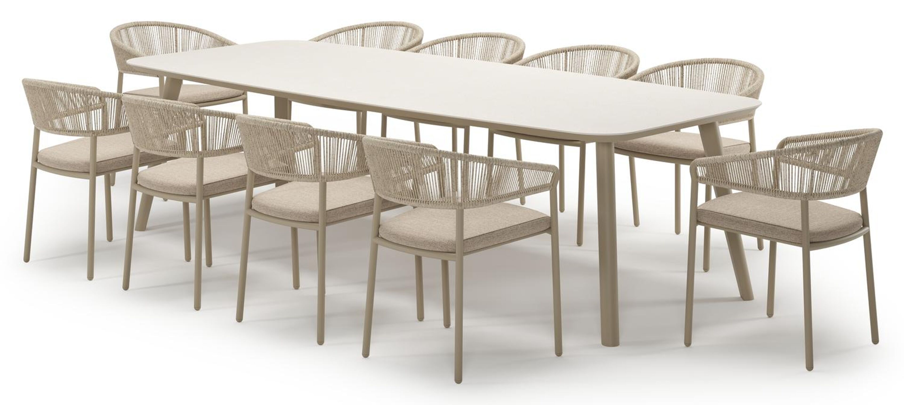 Ensemble de jardin Mosa en aluminium beige et sintered stone crema minerale avec 10 chaises de jardin empilable Zamora