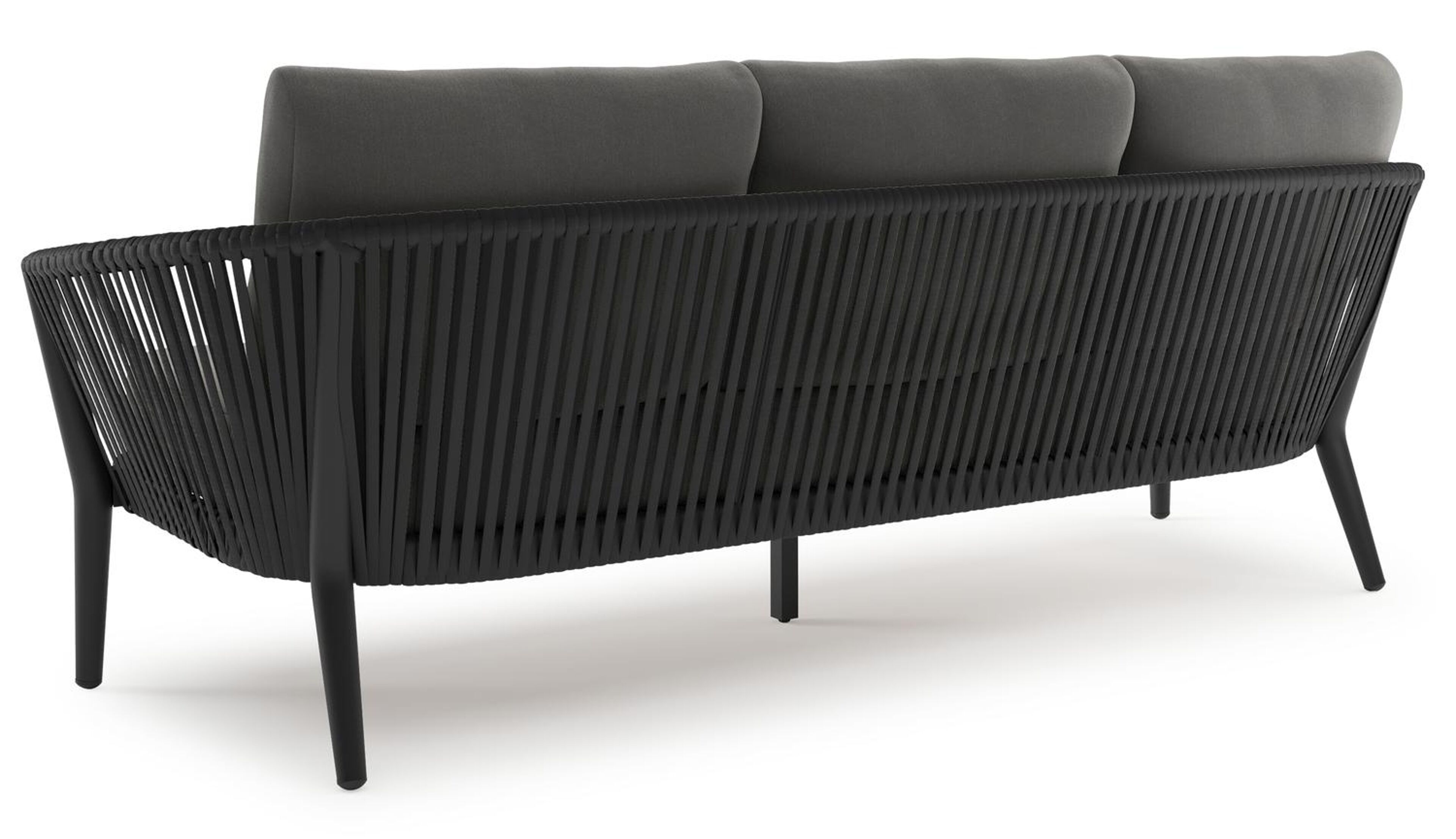 Orso loungebank in zwart aluminium en zwart verticaal geweven luxe vlakke rope met Natte Charcoal Chine all weather sunbrella® luxe kussen