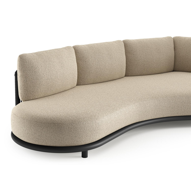 Lomano loungebank in zwart aluminium en zwart verticaal geweven luxe vlakke rope met bora forest all weather cosytica kussen