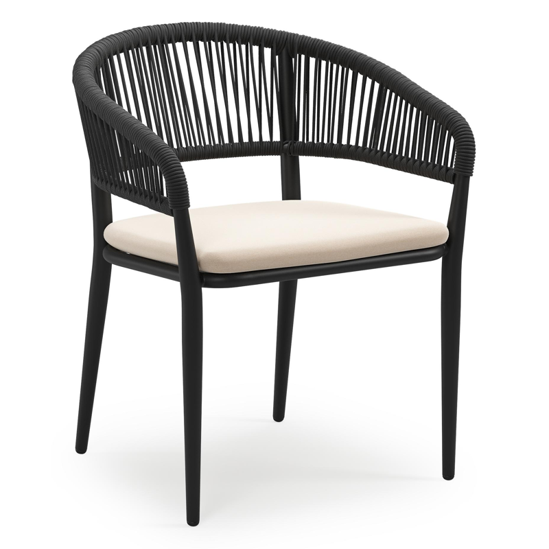 Chaise de jardin empilable Tolfa en aluminium noir et corde ronde tissée verticalement noir avec coussin en All Weather Sunbrella® Luxe Natte Linen Chalk
