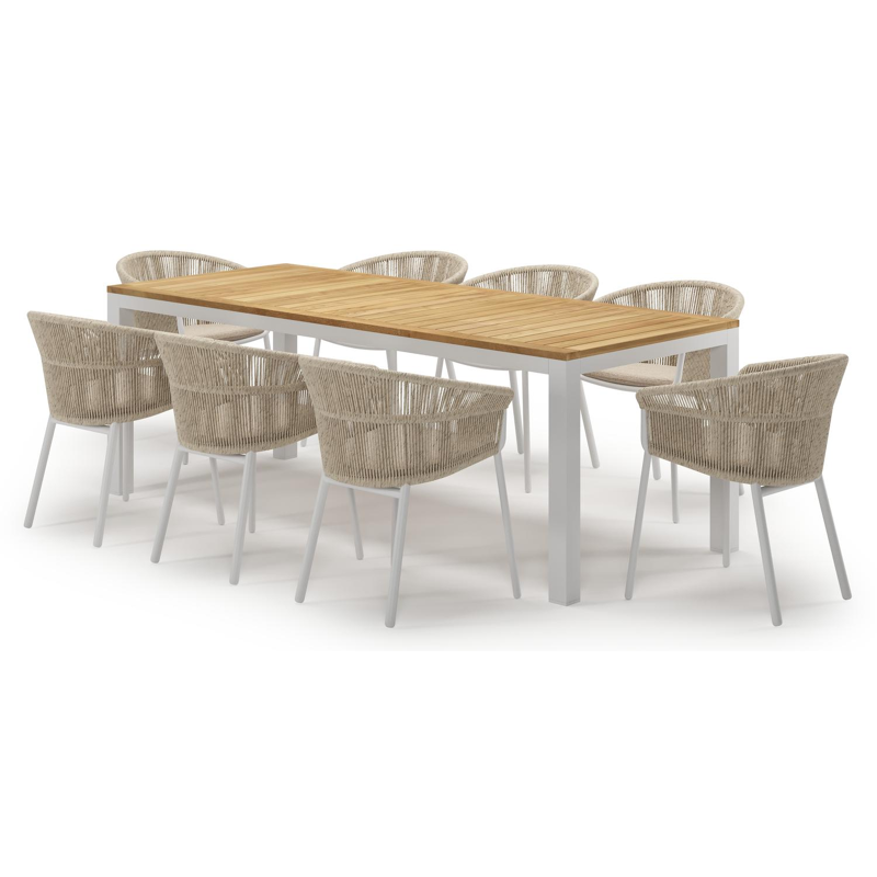 Varese tuinset in wit aluminium en teak met 8 Matera tuinstoelen
