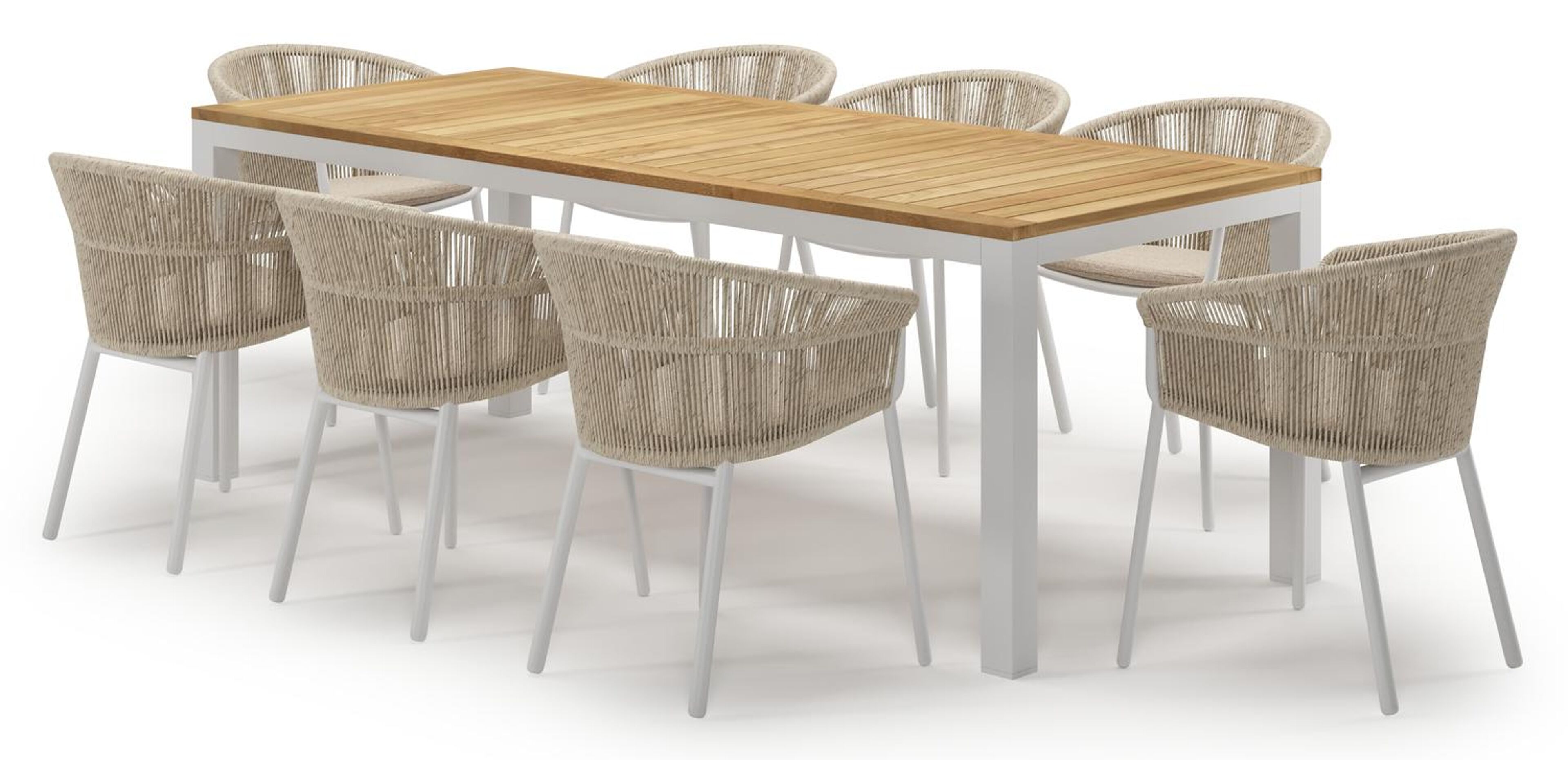 Varese tuinset in wit aluminium en teak met 8 Matera tuinstoelen