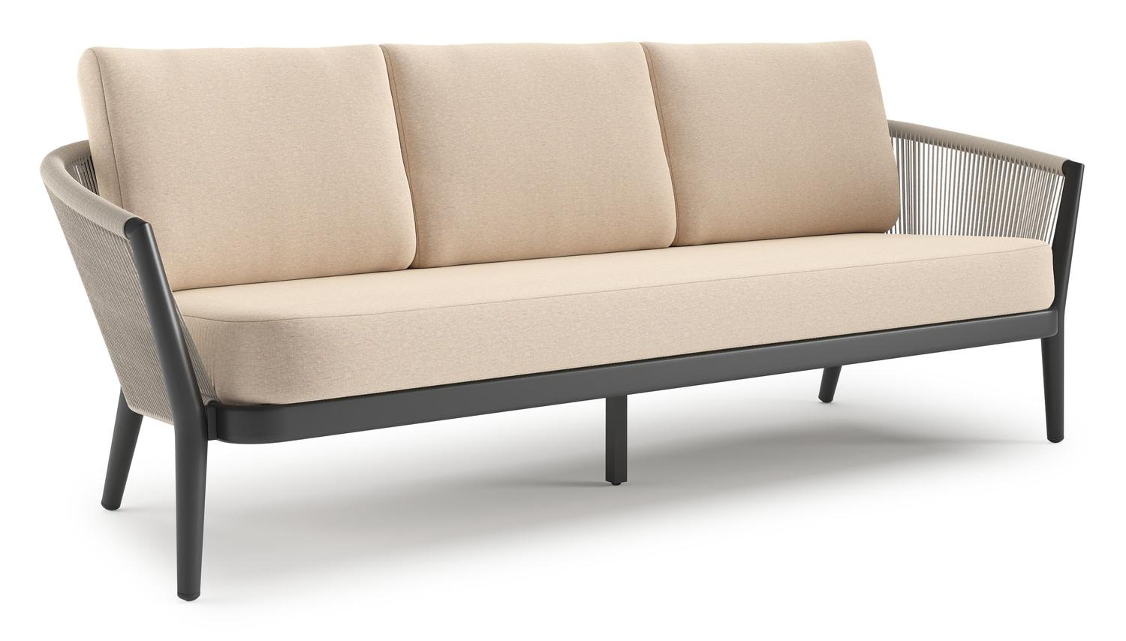 Orso loungebank in zwart aluminium en beige verticaal geweven ronde rope met Heritage Papyrus all weather sunbrella® luxe kussen