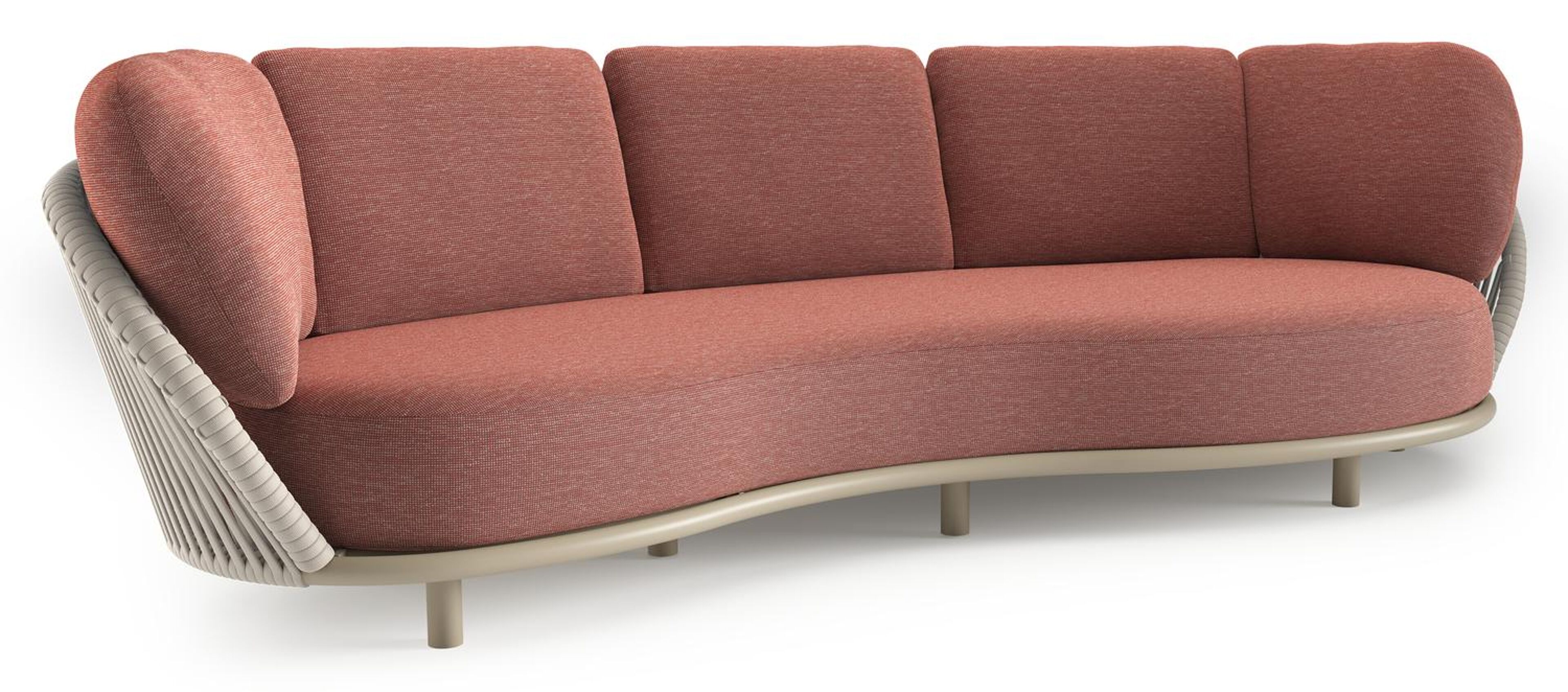 Lupino loungebank in beige aluminium en beige verticaal geweven luxe vlakke brede rope met slow alezan all weather sunbrella® luxe kussen