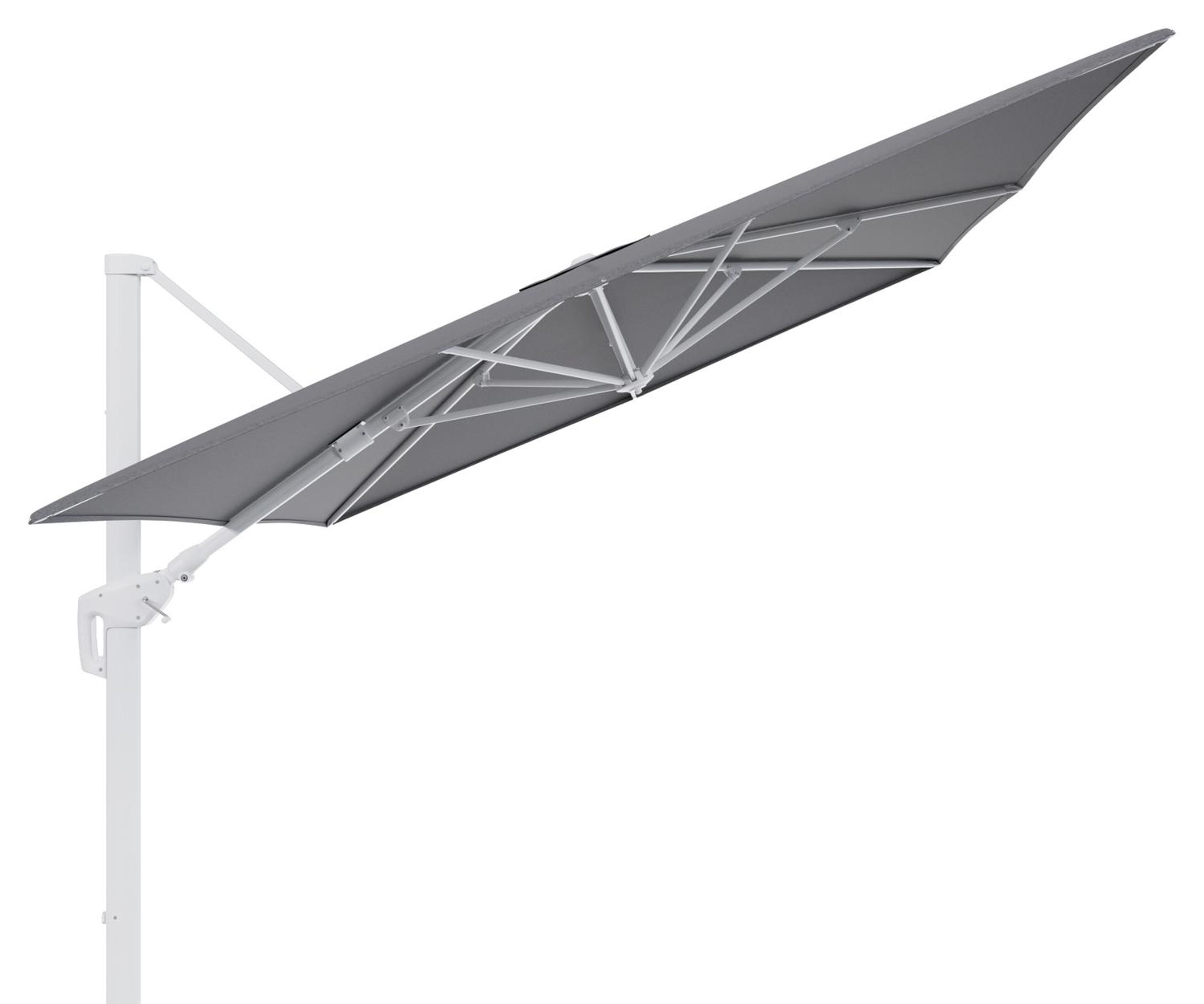 Parasol pendant Minore avec fonction tilt en aluminium blanc et toile de parasol en All Weather Sunbrella® Luxe Heritage Slate  - Lg.1 400 x Lg.2 300 cm (sans pied de parasol)
