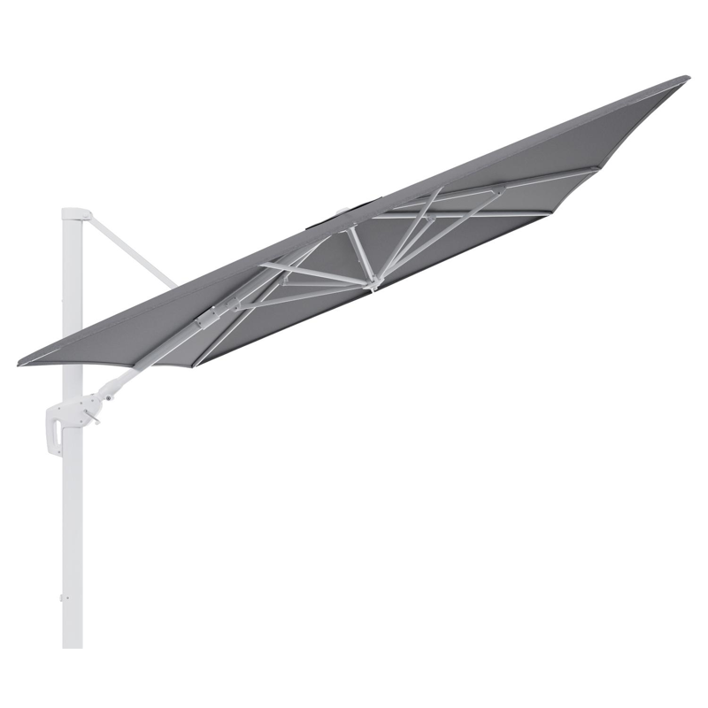 Parasol pendant Minore avec fonction tilt en aluminium blanc et toile de parasol en All Weather Sunbrella® Luxe Heritage Slate - Lg.1 400 x Lg.2 300 cm (sans pied de parasol)