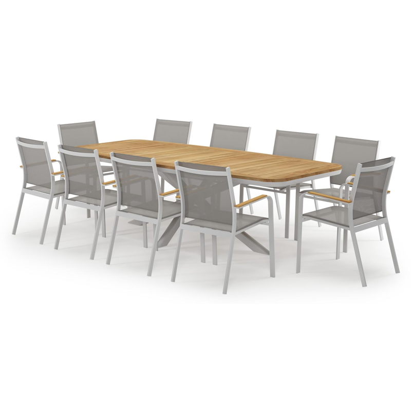 Pamplona bootvormige tuinset in wit aluminium en teak natural finish met 10 Amalfi tuinstoelen